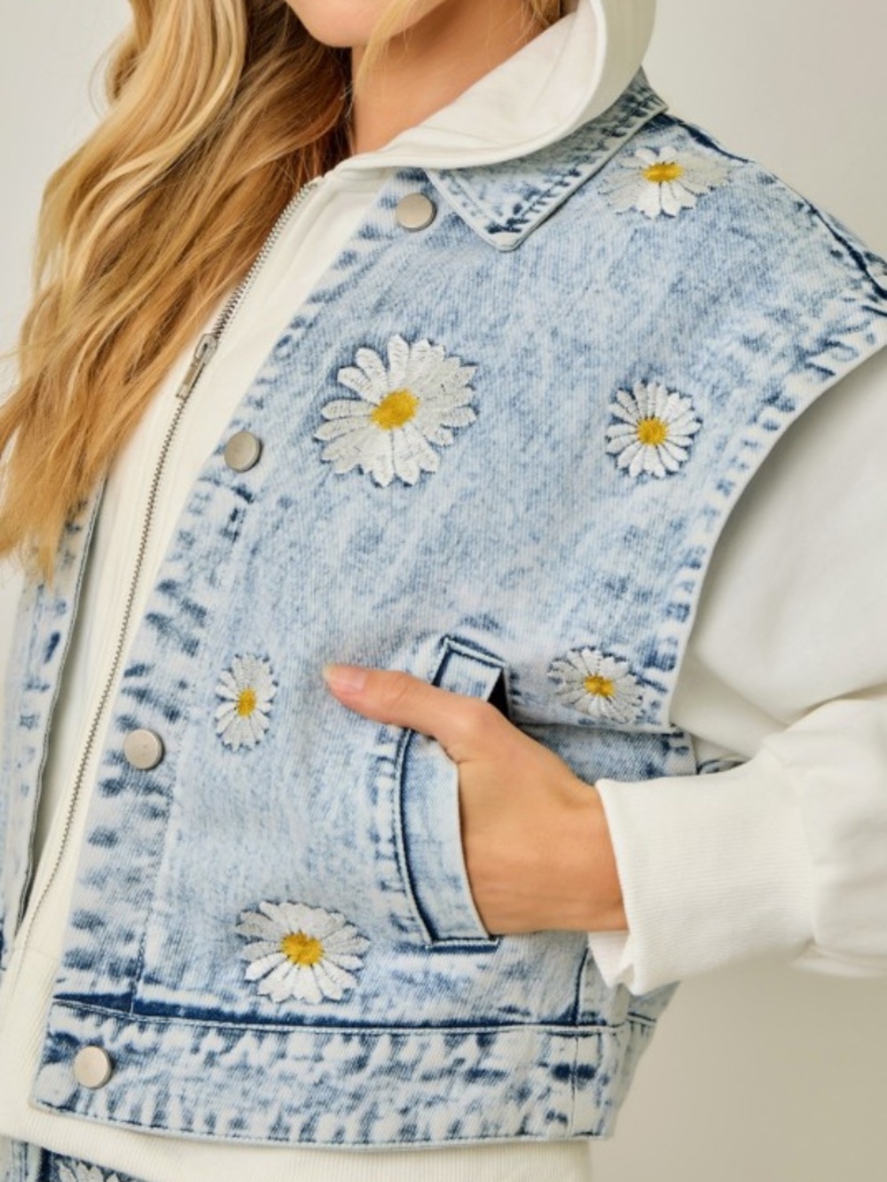 "The Jennifer" Embroidered Daisy Denim Twofer Hoodie Jacket